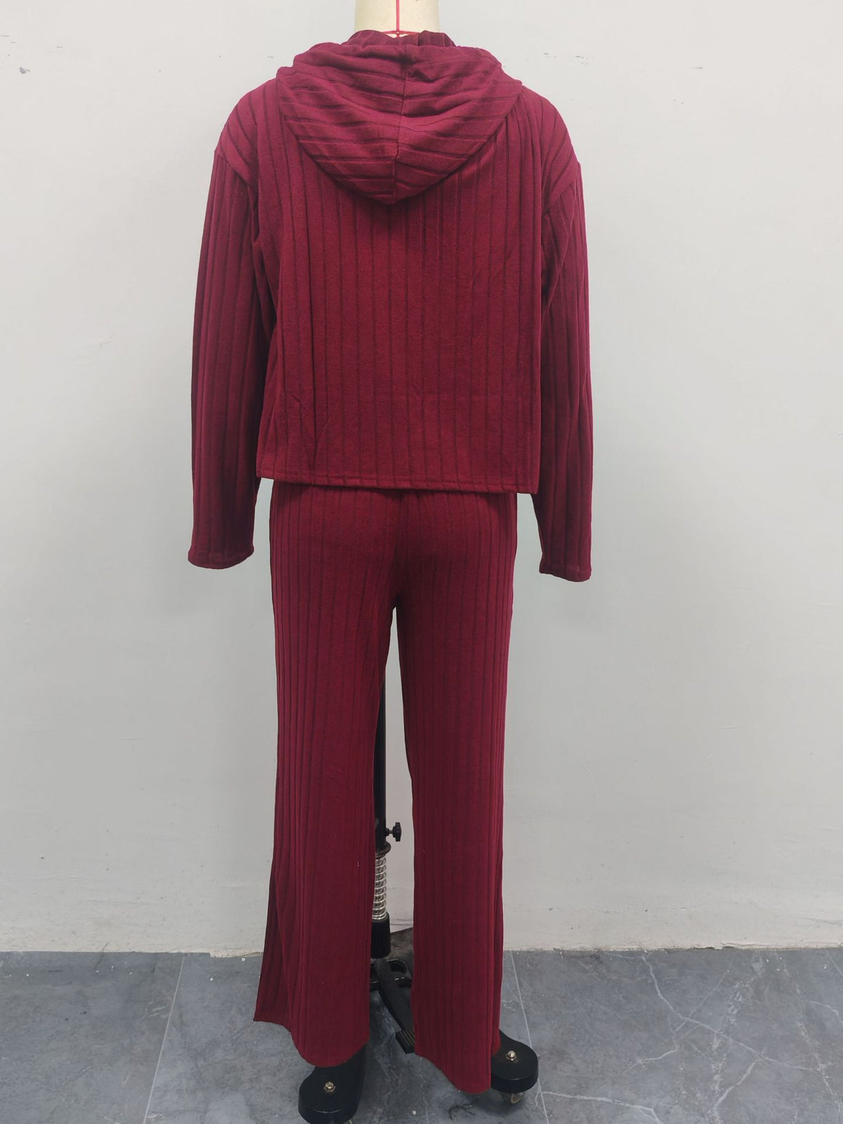 Ribbed Zip Hoodie Wide Leg Lounge Set - Wine_red - 1