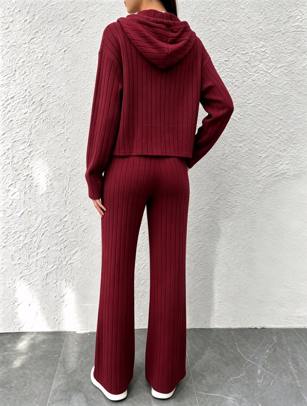 Ribbed Zip Hoodie Wide Leg Lounge Set - Wine_red - 2