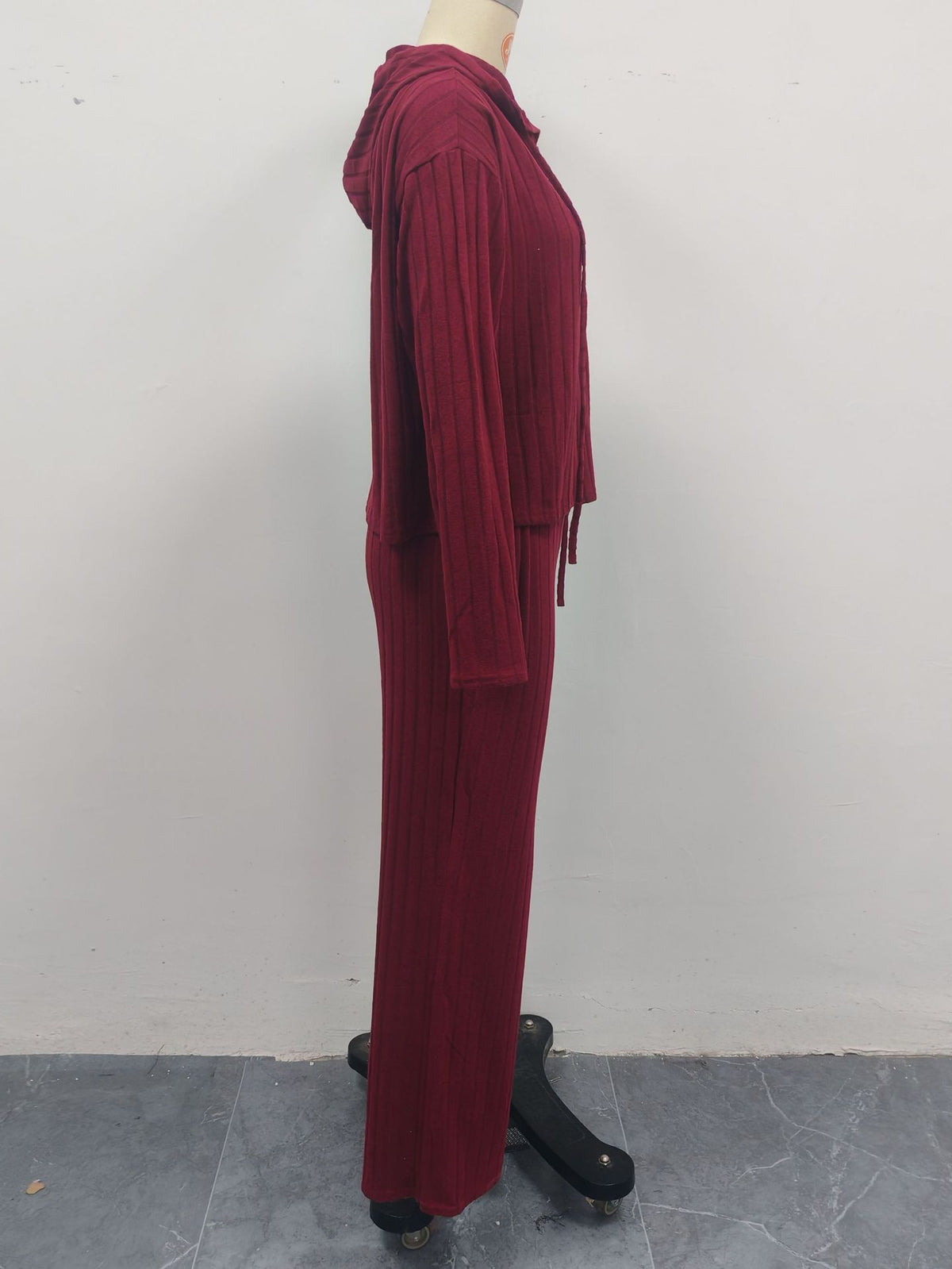 Ribbed Zip Hoodie Wide Leg Lounge Set - Wine_red - 3
