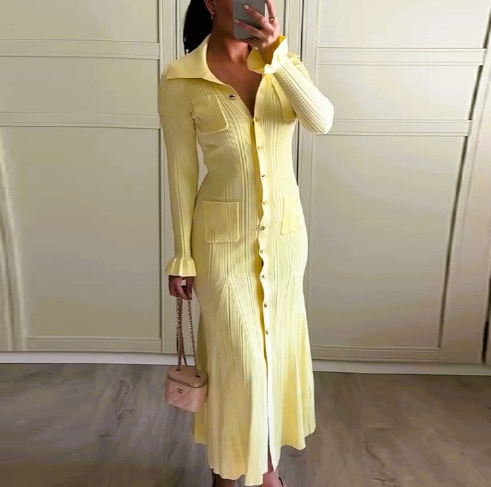Ribbed Knit Button Front Maxi Dress - Yellow
