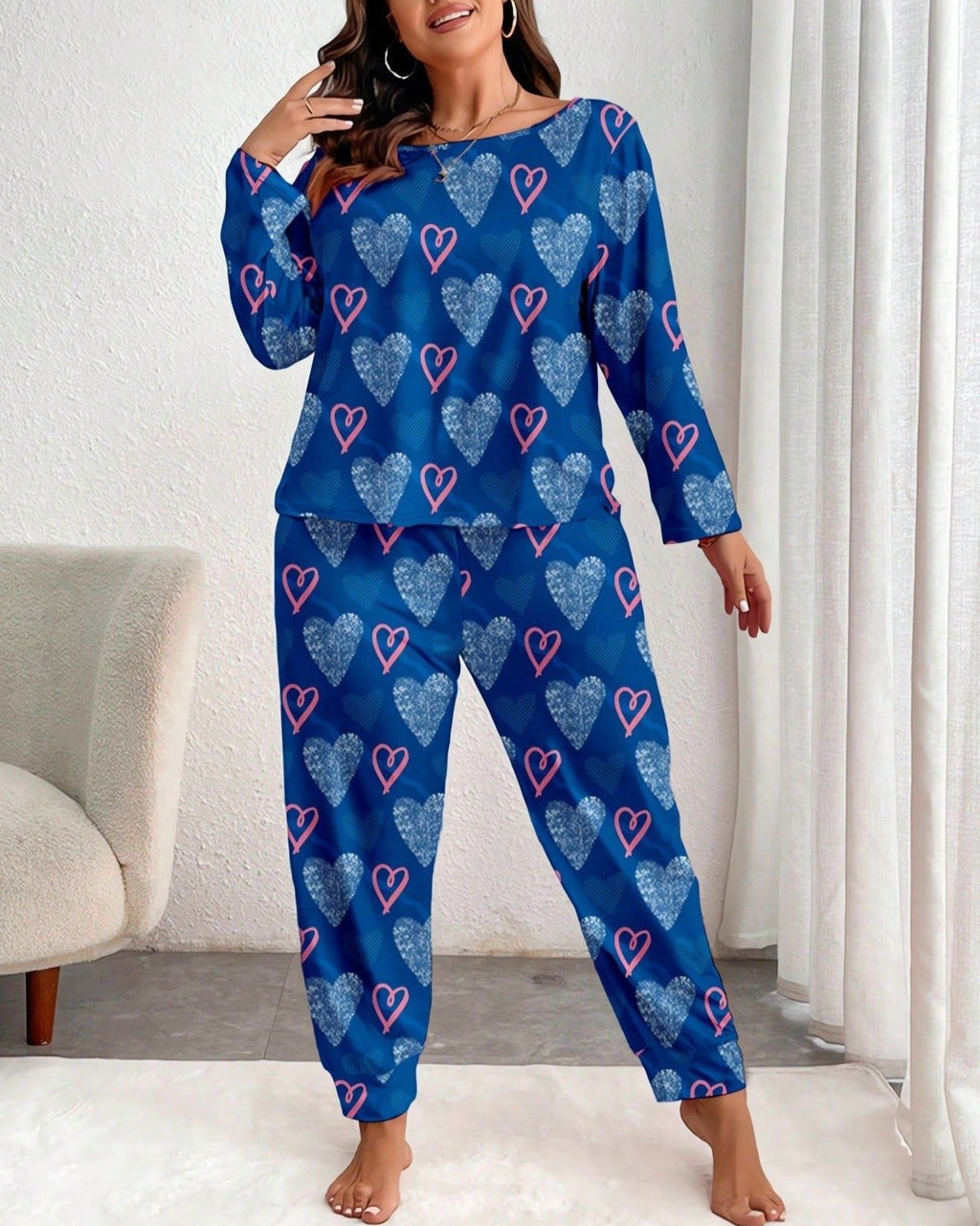 Plus Size Heart Motif Two Piece Lounge Set - Blue