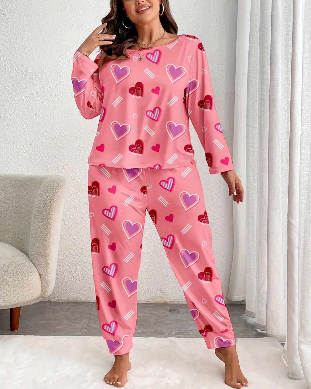 Plus Size Heart Motif Two Piece Lounge Set - Light-Pink