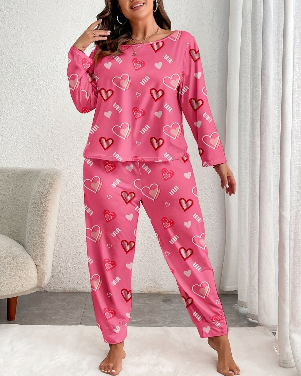 Plus Size Heart Motif Two Piece Lounge Set - Pink