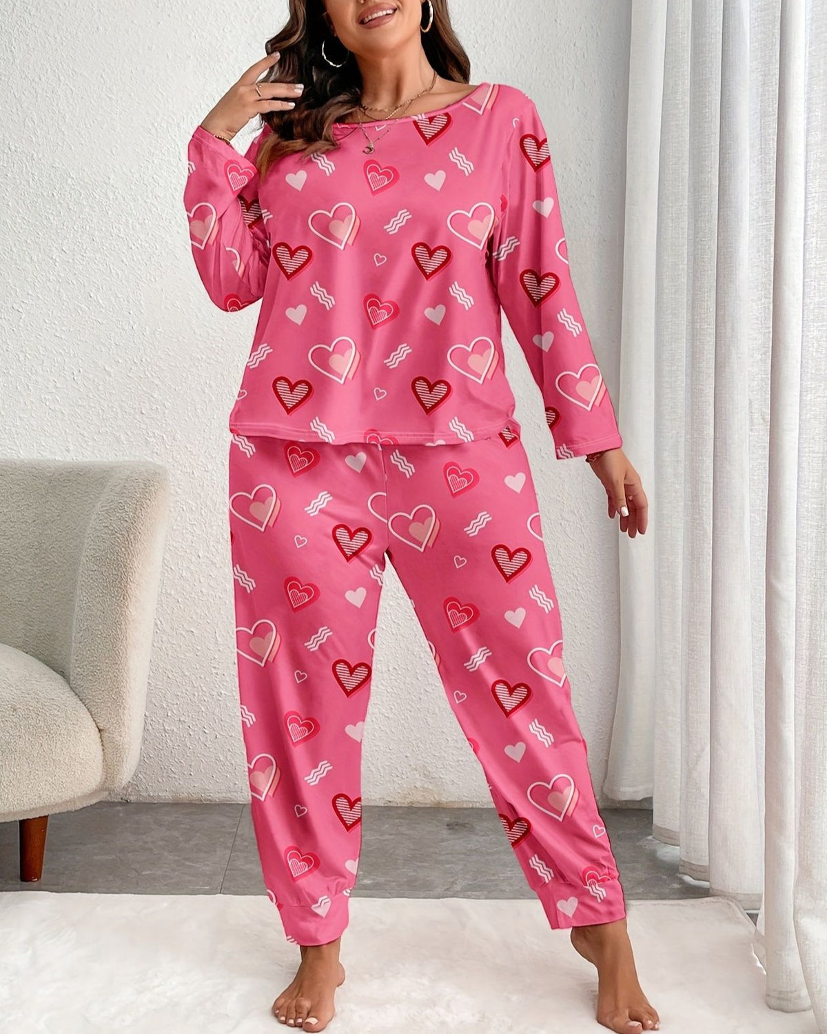Plus Size Heart Motif Two Piece Lounge Set - Pink