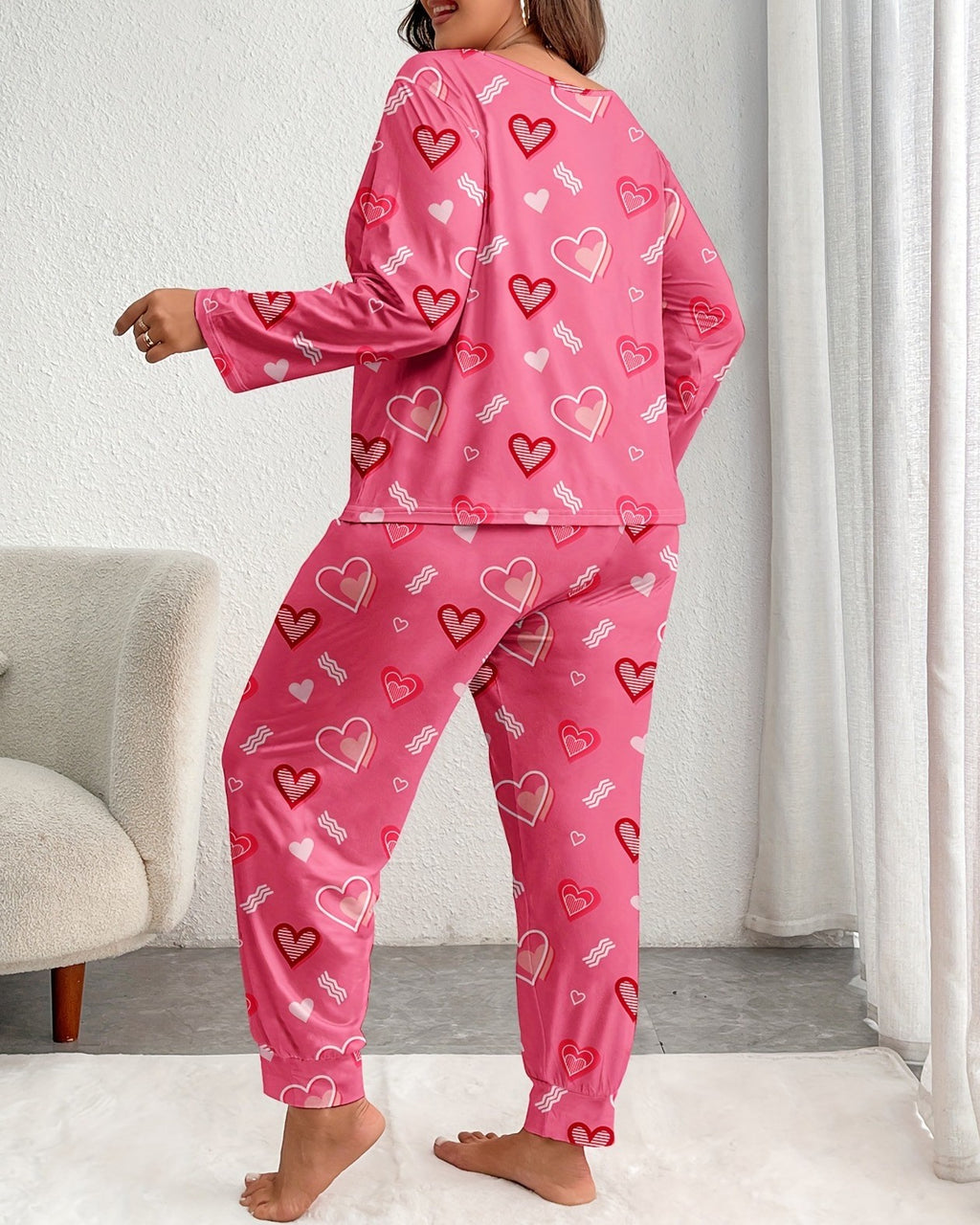 Plus Size Heart Motif Two Piece Lounge Set - Pink - 2