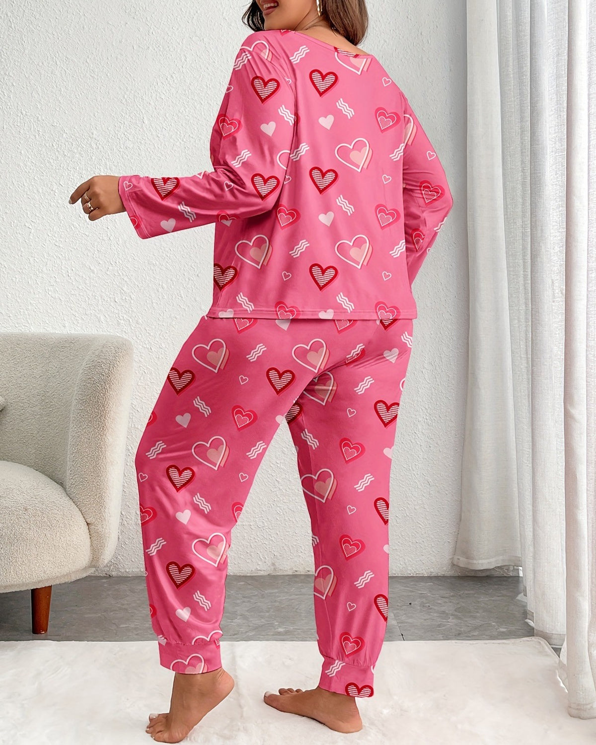 Plus Size Heart Motif Two Piece Lounge Set - Pink - 2