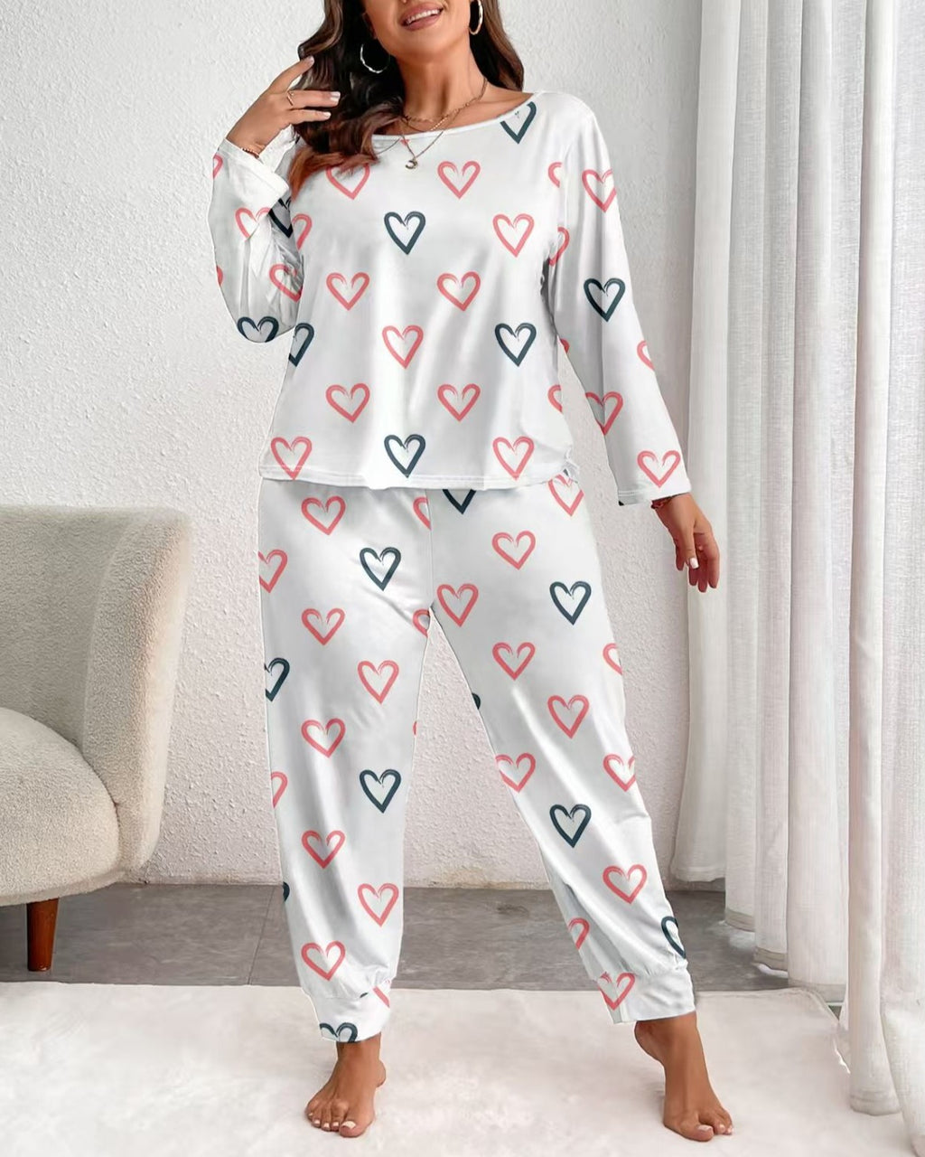 Plus Size Heart Motif Two Piece Lounge Set - White