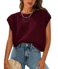 Open Knit Crochet Cap Sleeve Tee - Burgundy