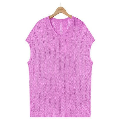Pointelle Knit Loose Beach Cover Up - RoseRed - 1