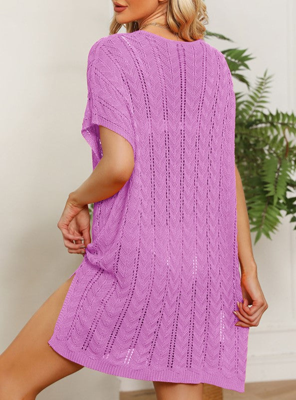 Pointelle Knit Loose Beach Cover Up - RoseRed - 2