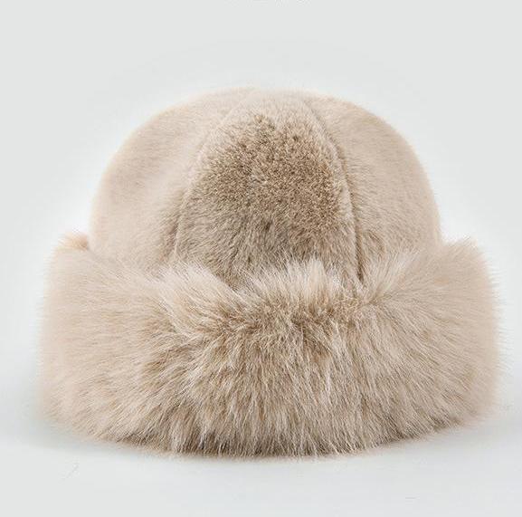 Plush Faux Fur Rolled Brim Hat - Beige