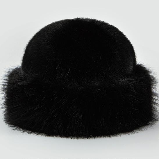Plush Faux Fur Rolled Brim Hat - Black