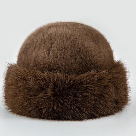 Plush Faux Fur Rolled Brim Hat - Brown