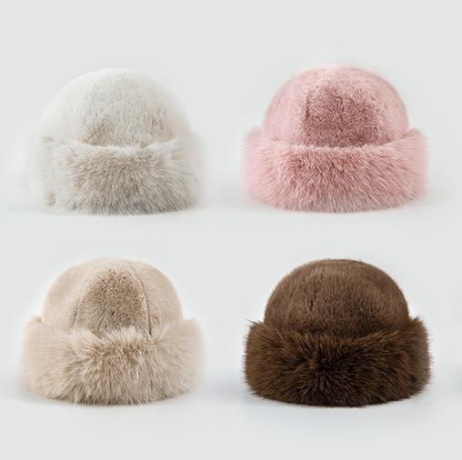 Plush Faux Fur Rolled Brim Hat - Pink - 1