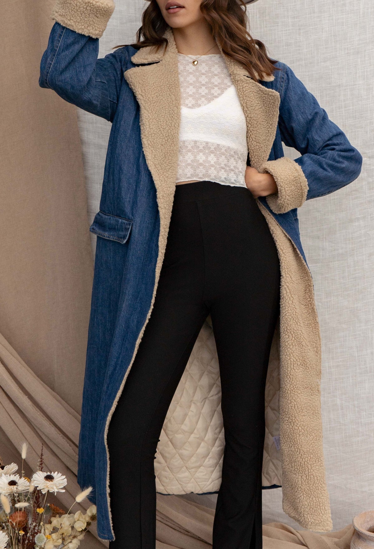 Sherpa Lined Belted Denim Trench Coat - Blue - 1