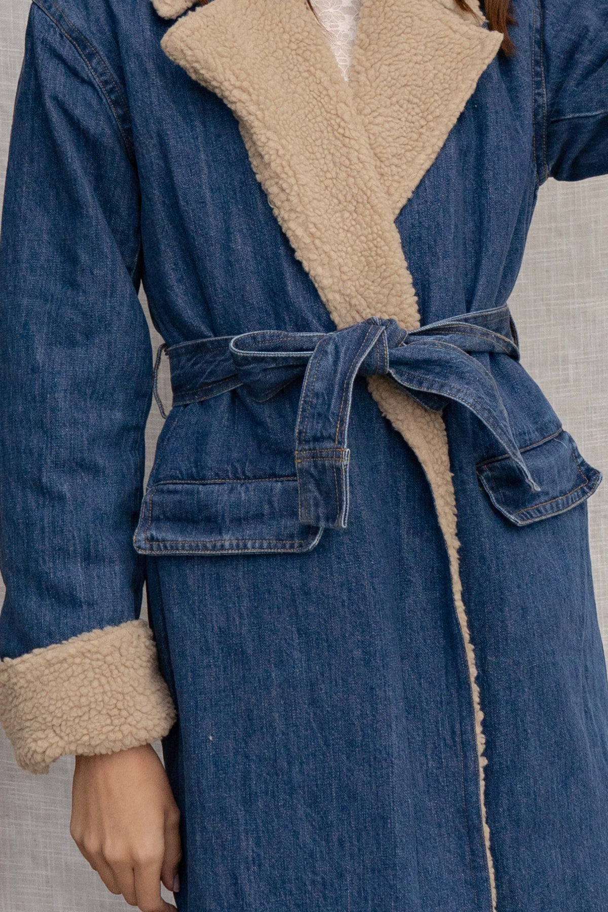 Sherpa Lined Belted Denim Trench Coat - Blue - 2