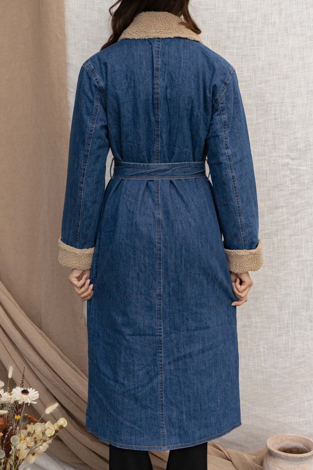 Sherpa Lined Belted Denim Trench Coat - Blue - 3