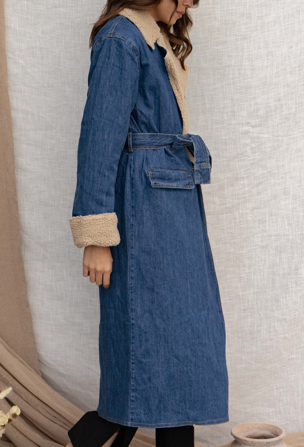 Sherpa Lined Belted Denim Trench Coat - Blue - 4