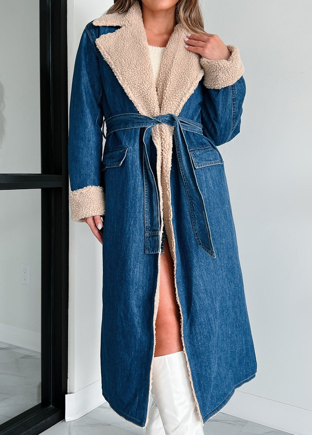 Sherpa Lined Belted Denim Trench Coat - Blue - 5