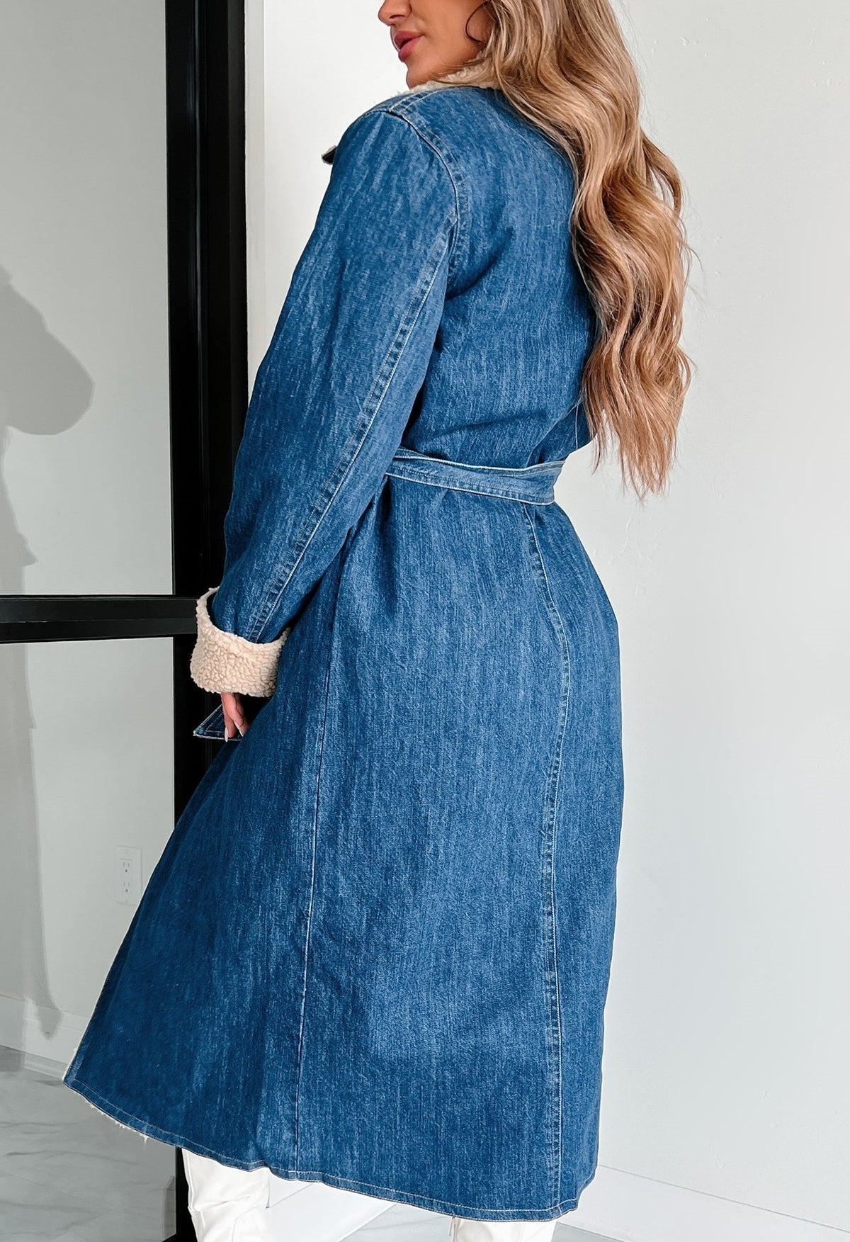 Sherpa Lined Belted Denim Trench Coat - Blue - 8