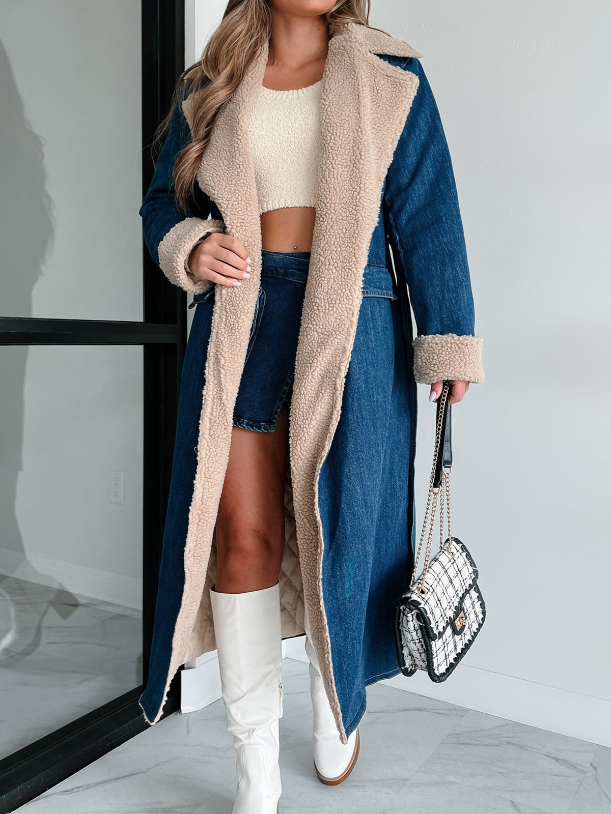 Sherpa Lined Belted Denim Trench Coat - Blue - 9