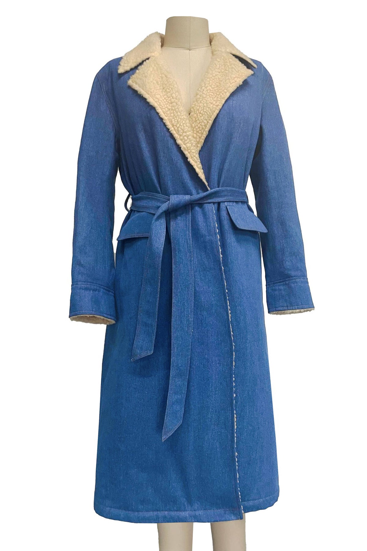 Sherpa Lined Belted Denim Trench Coat