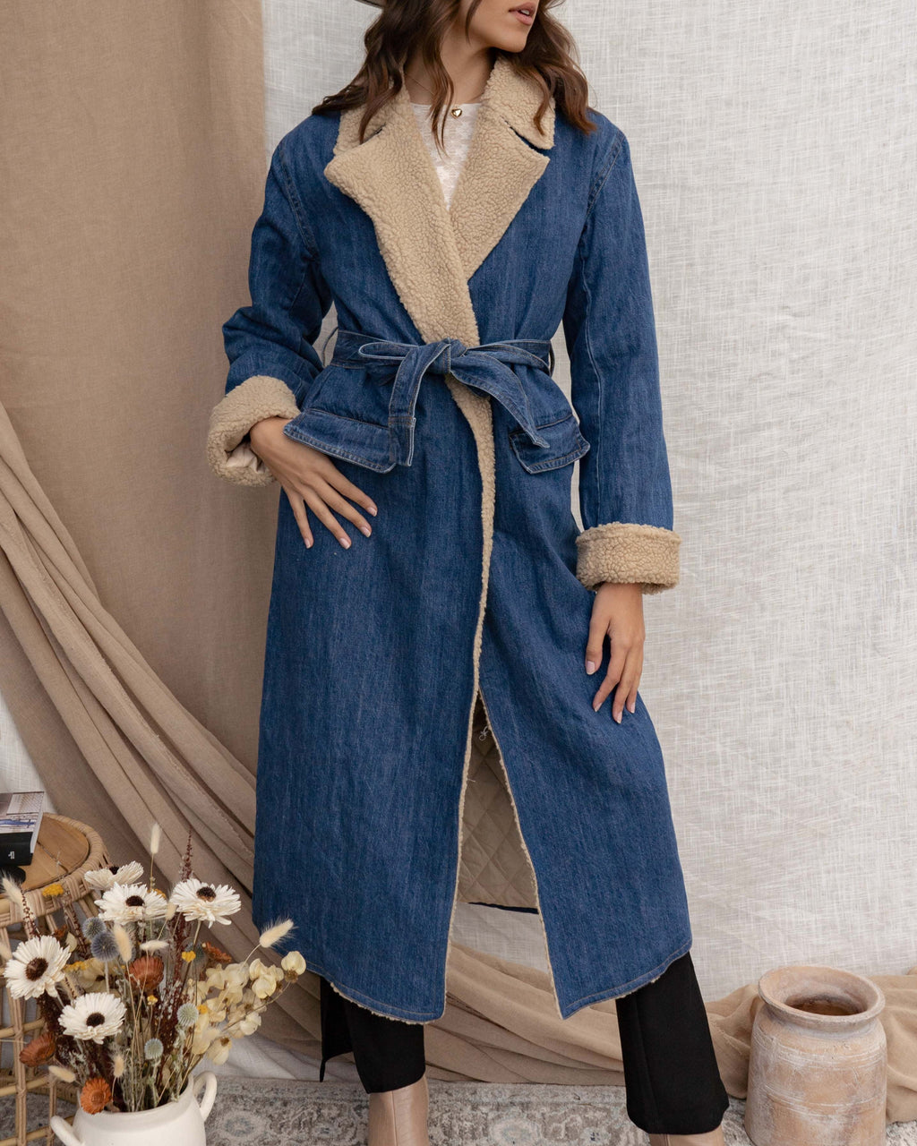Sherpa Lined Belted Denim Trench Coat - view 1
