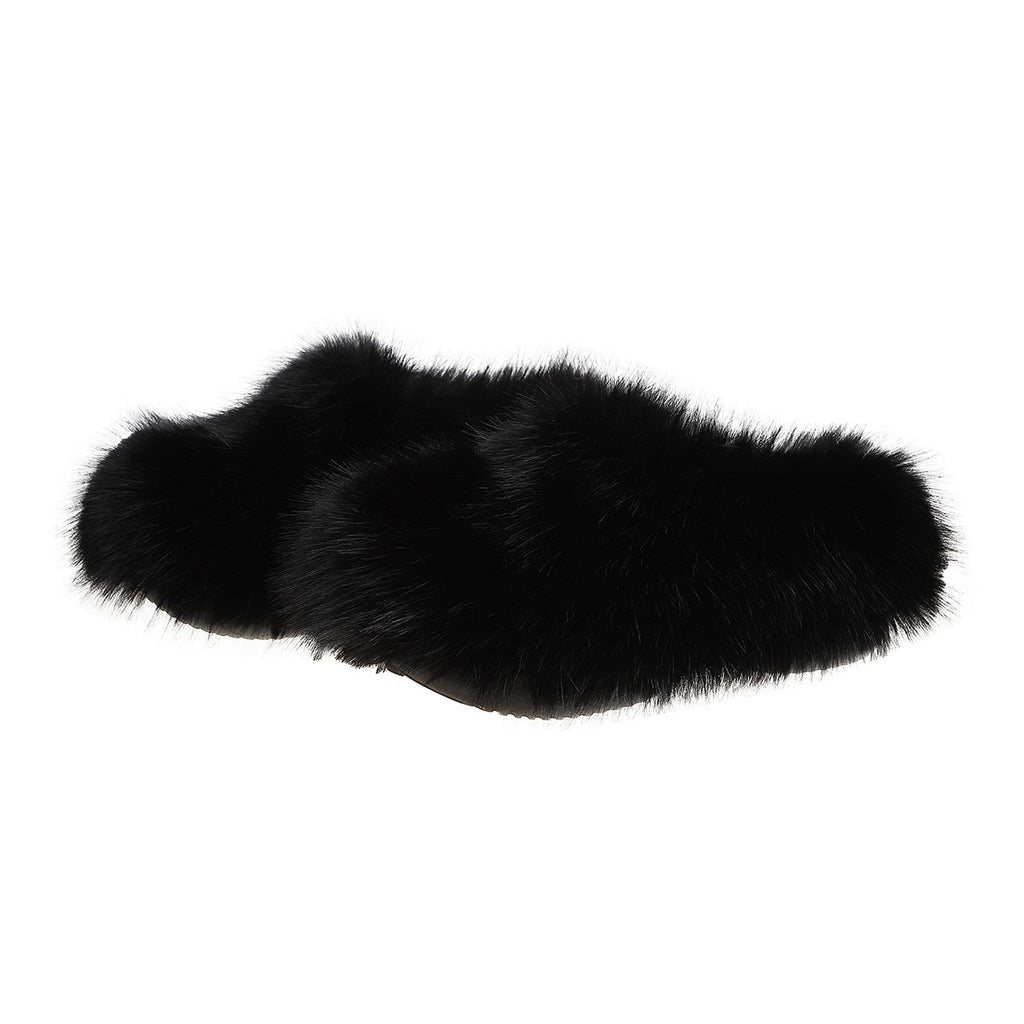 Fluffy Faux Fur Closed Toe Slippers - Black