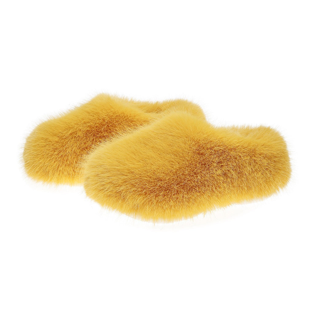 Fluffy Faux Fur Closed Toe Slippers - Mustard