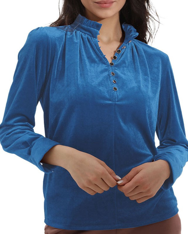 Velvet Ruffle Neck Button Placket Blouse - Blue