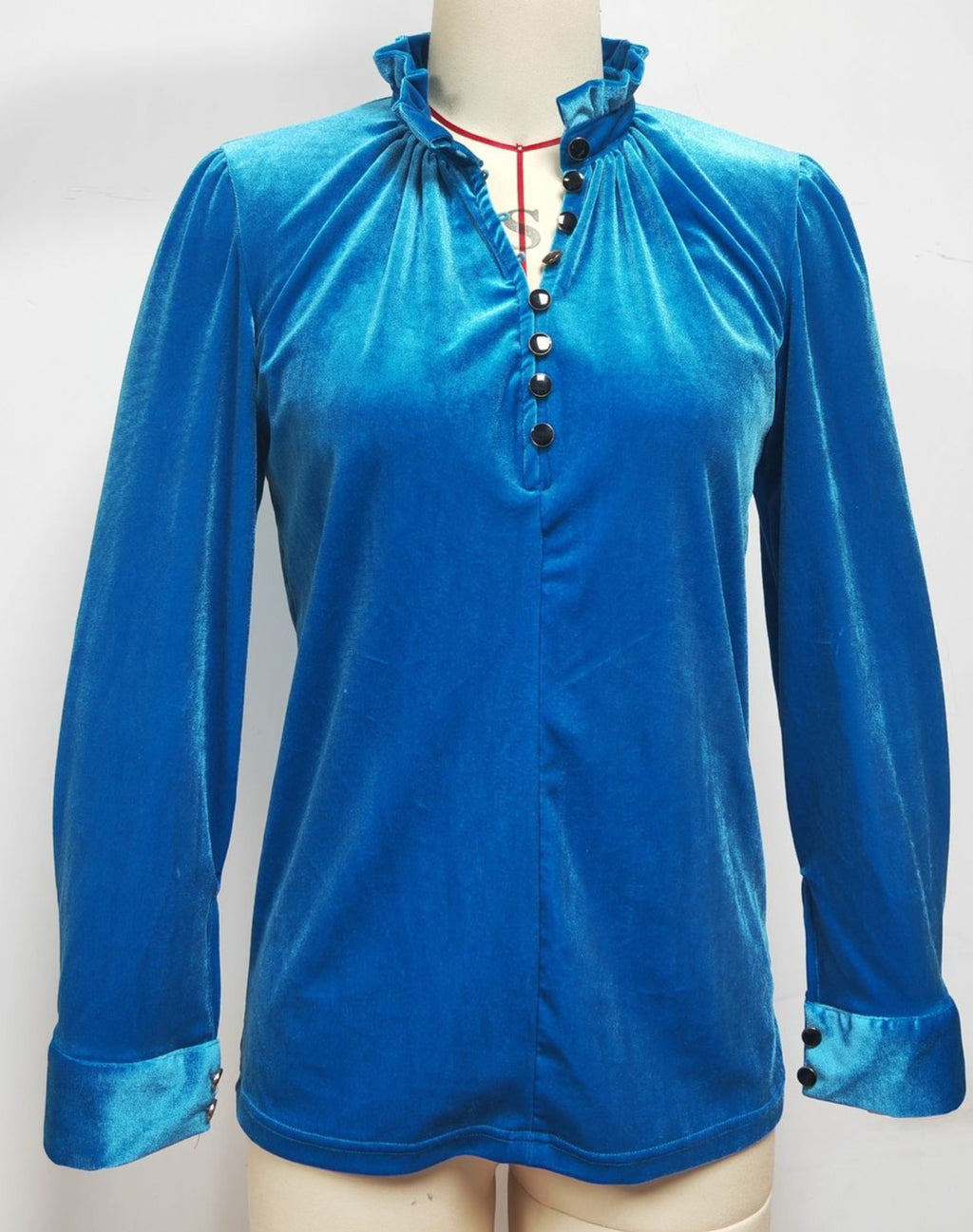 Velvet Ruffle Neck Button Placket Blouse - Blue - 1