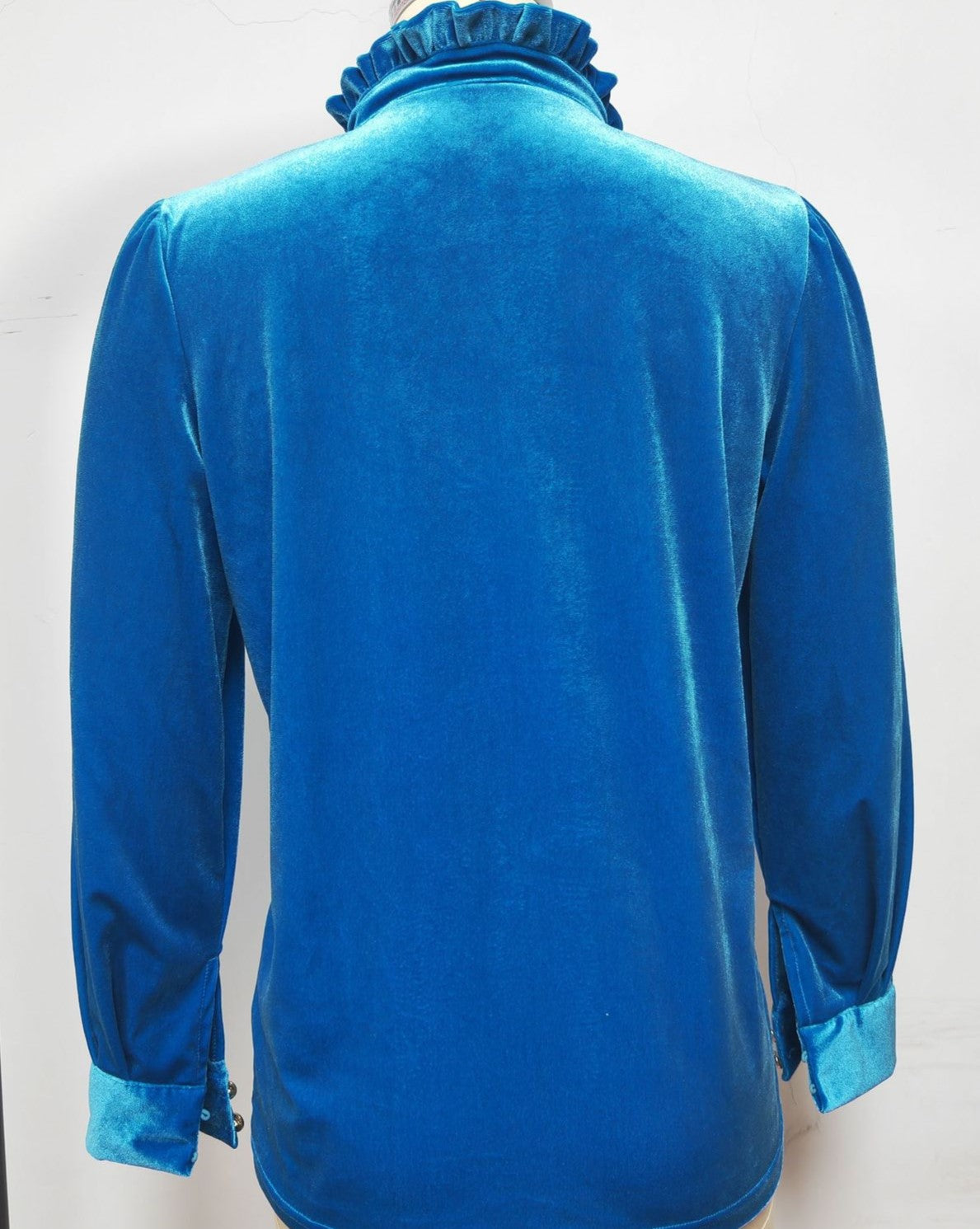 Velvet Ruffle Neck Button Placket Blouse - Blue - 2