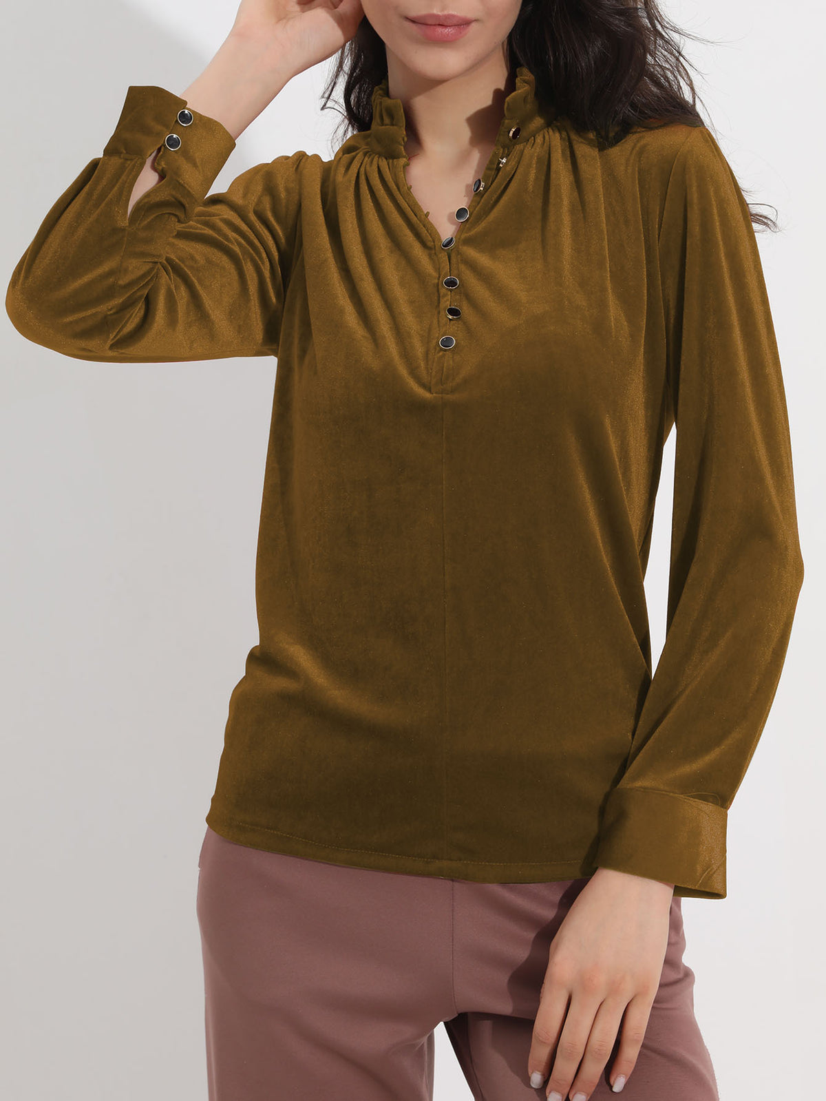 Velvet Ruffle Neck Button Placket Blouse - Camel