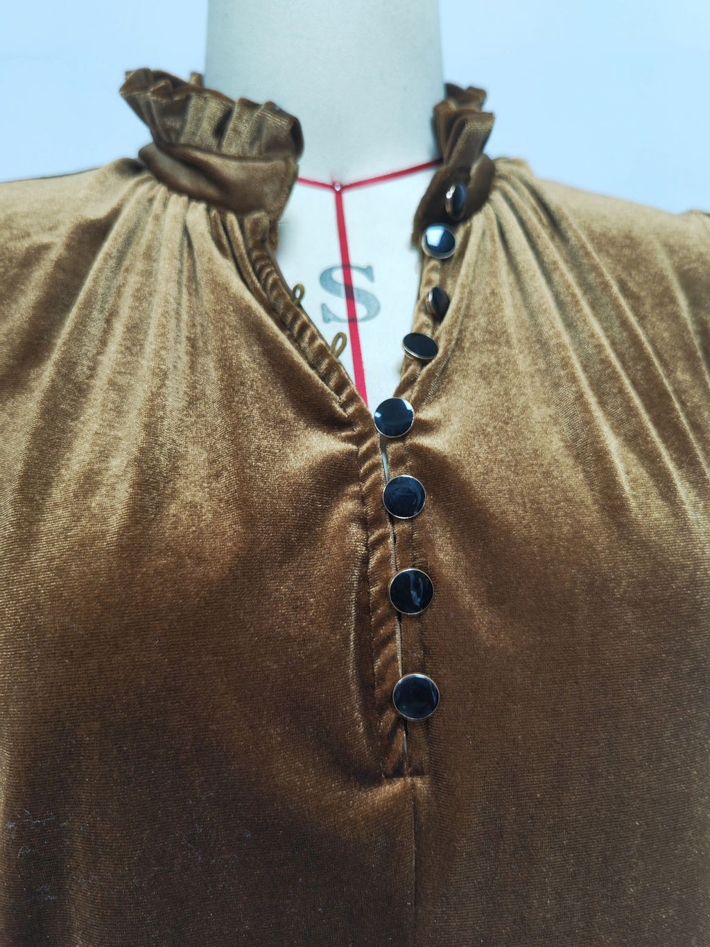 Velvet Ruffle Neck Button Placket Blouse - Camel - 1