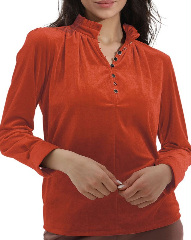 Velvet Ruffle Neck Button Placket Blouse - Orange