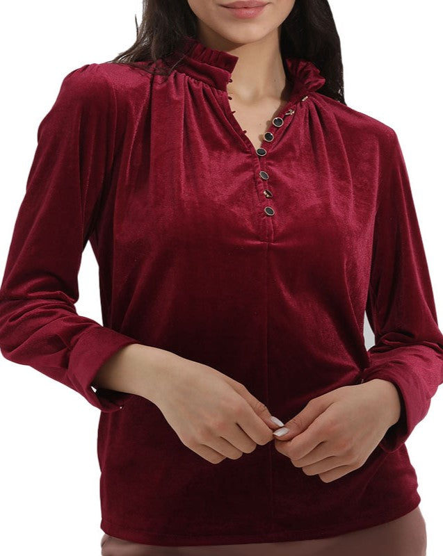 Velvet Ruffle Neck Button Placket Blouse - Winered