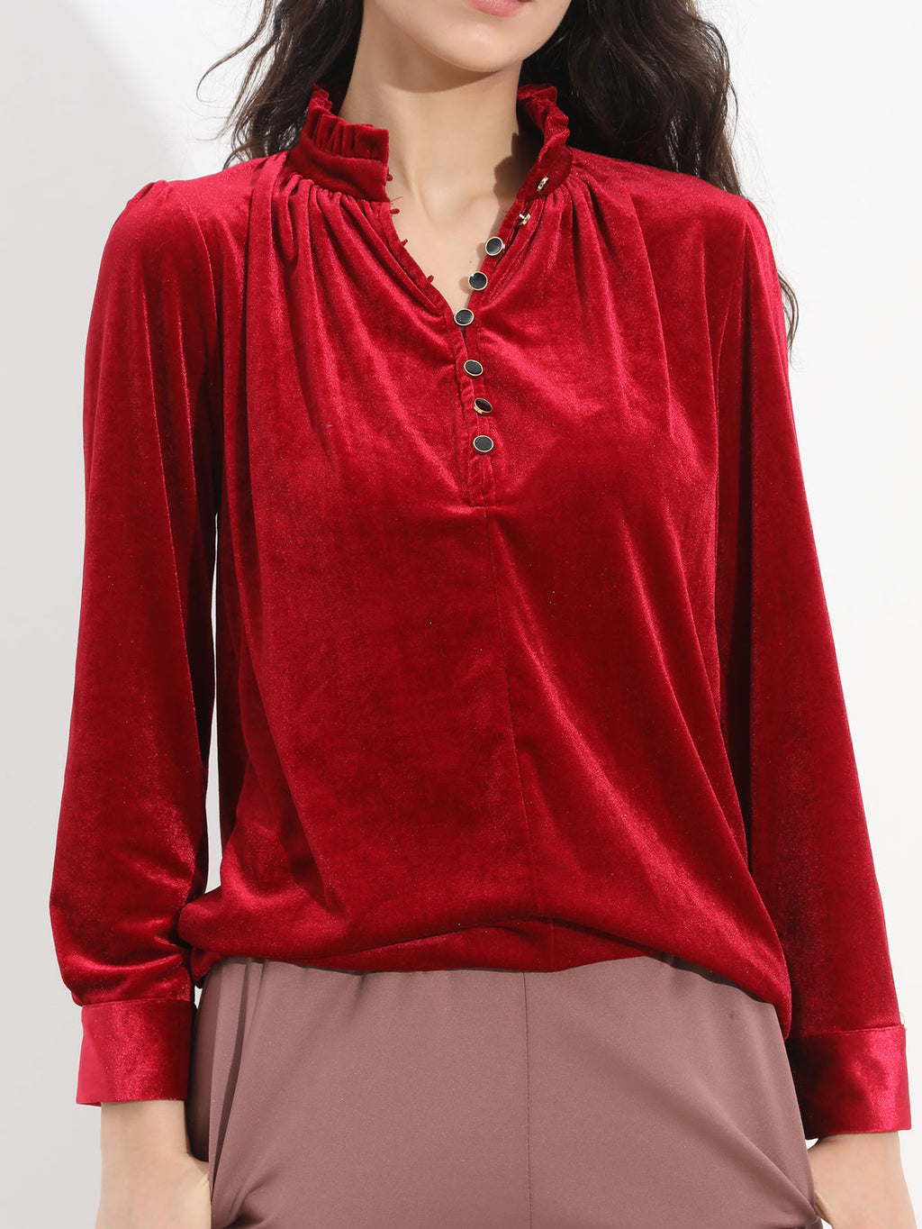 Velvet Ruffle Neck Button Placket Blouse - Winered - 1