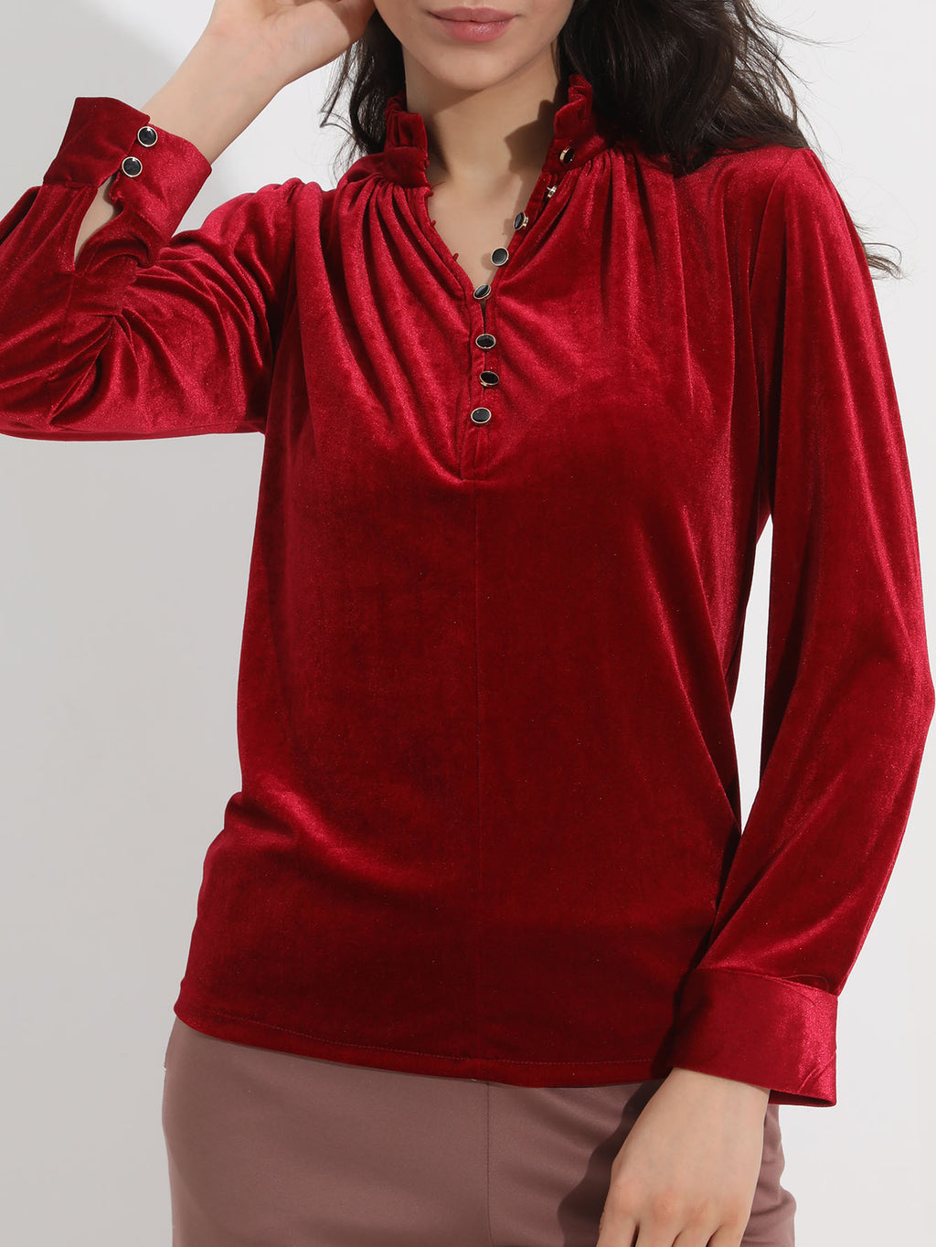 Velvet Ruffle Neck Button Placket Blouse - Winered - 2