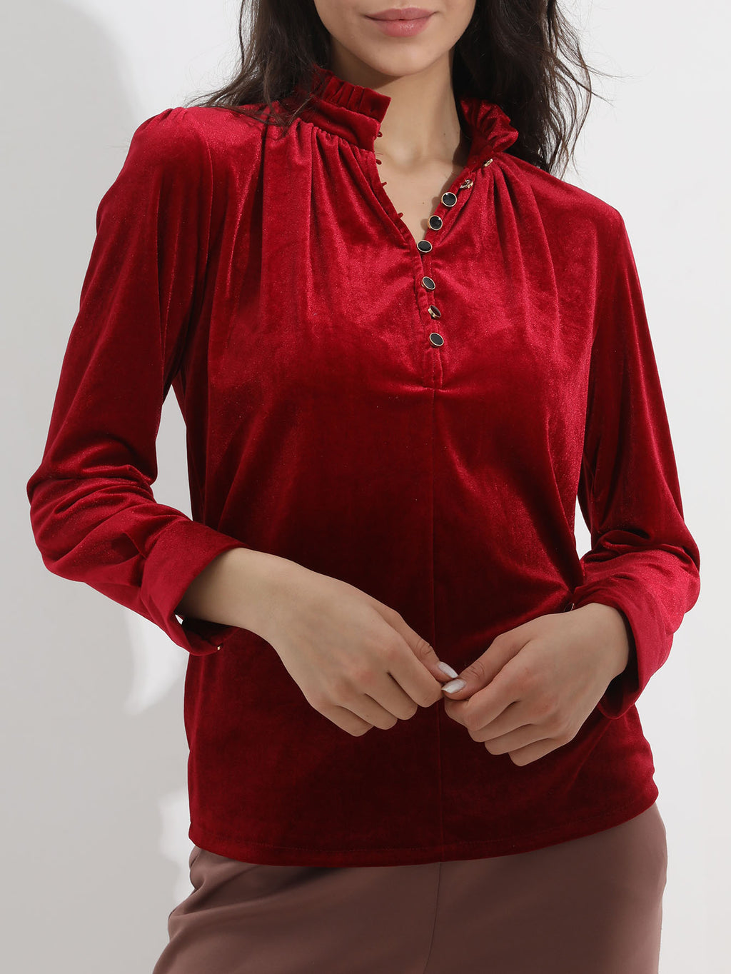 Velvet Ruffle Neck Button Placket Blouse