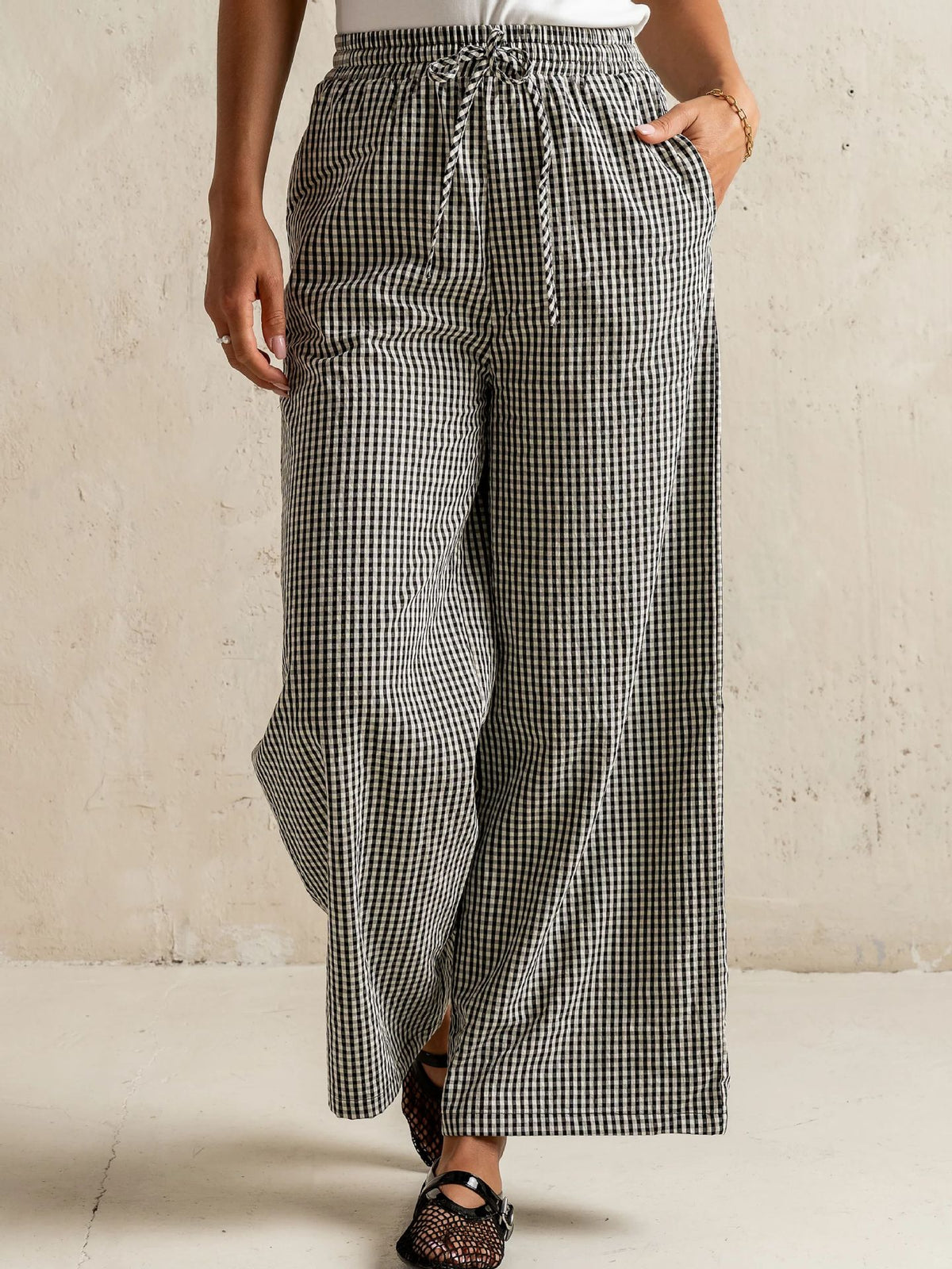 Gingham Check Drawstring Wide Leg Pants - Black