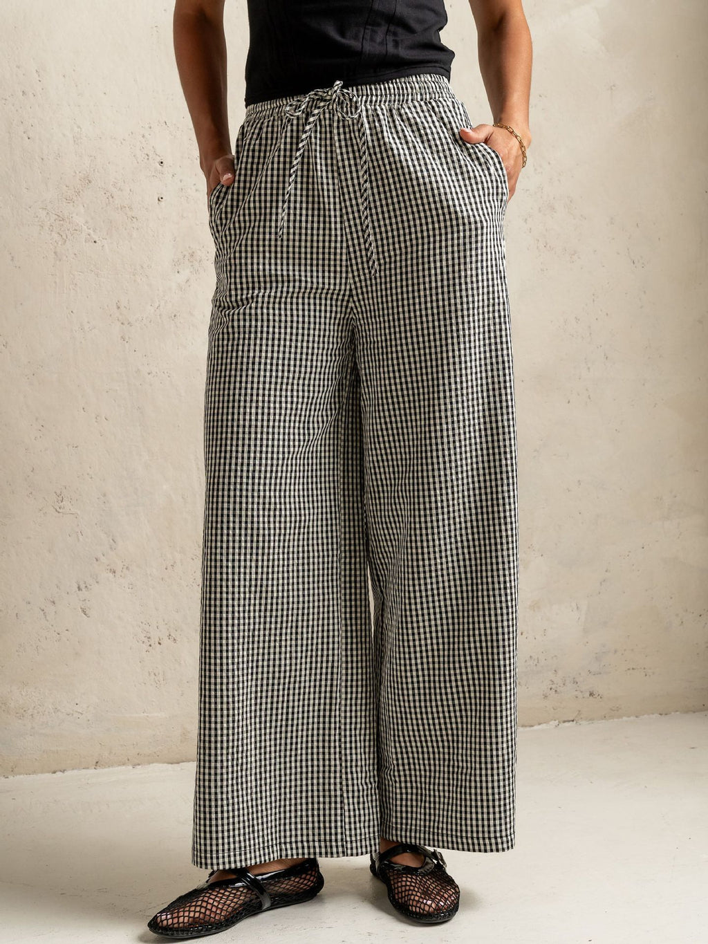 Gingham Check Drawstring Wide Leg Pants - Black - 1