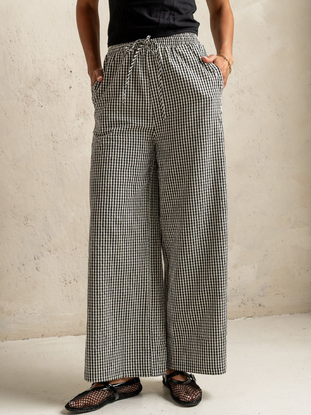 Gingham Check Drawstring Wide Leg Pants - Black - 1