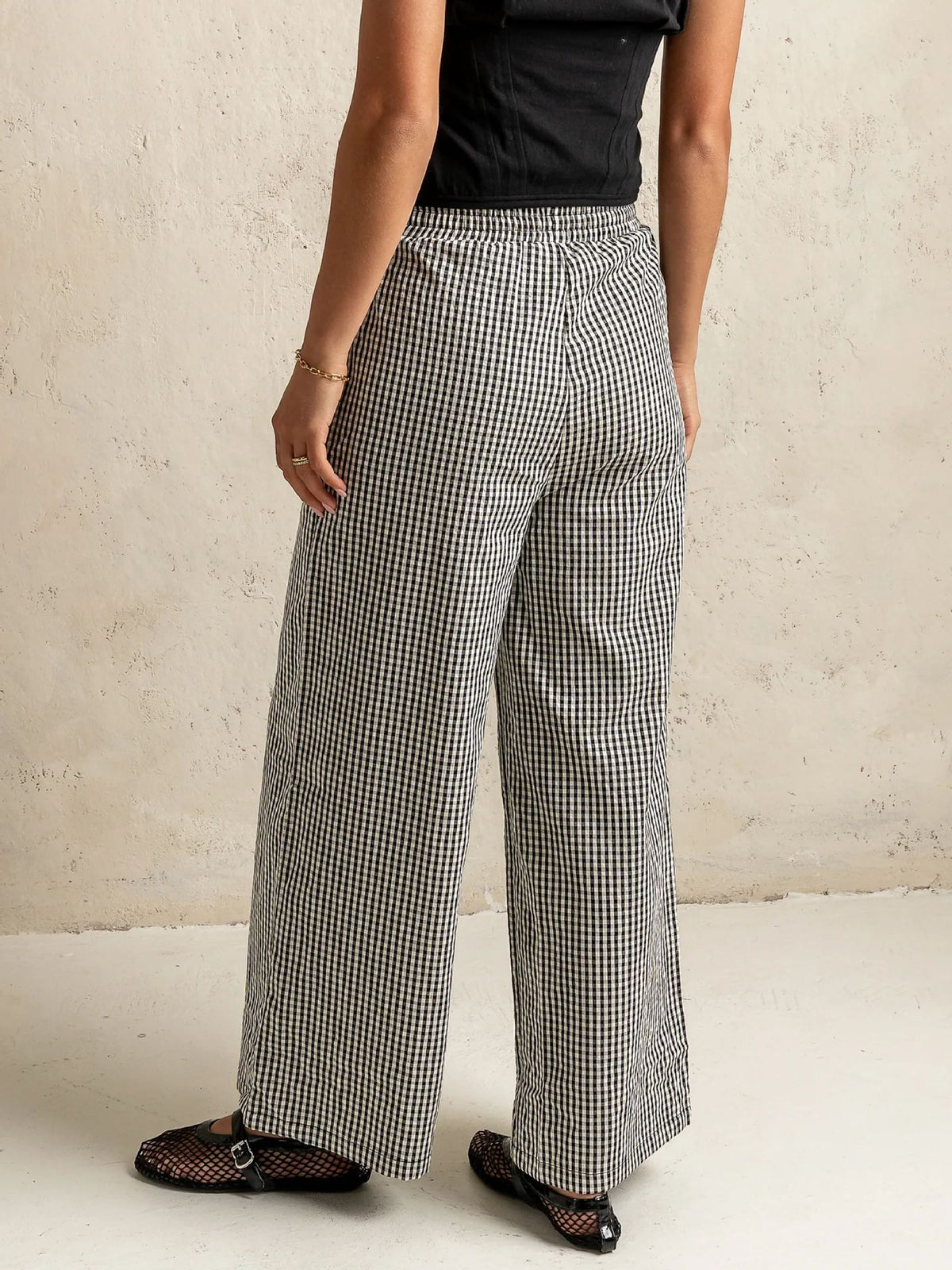 Gingham Check Drawstring Wide Leg Pants - Black - 2