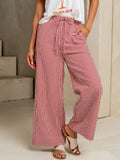 Gingham Check Drawstring Wide Leg Pants - Red