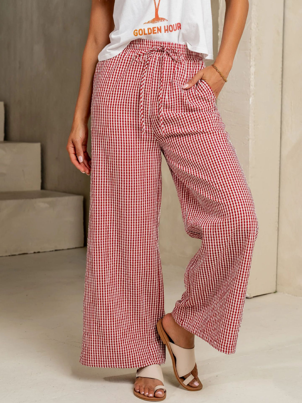 Gingham Check Drawstring Wide Leg Pants - Red