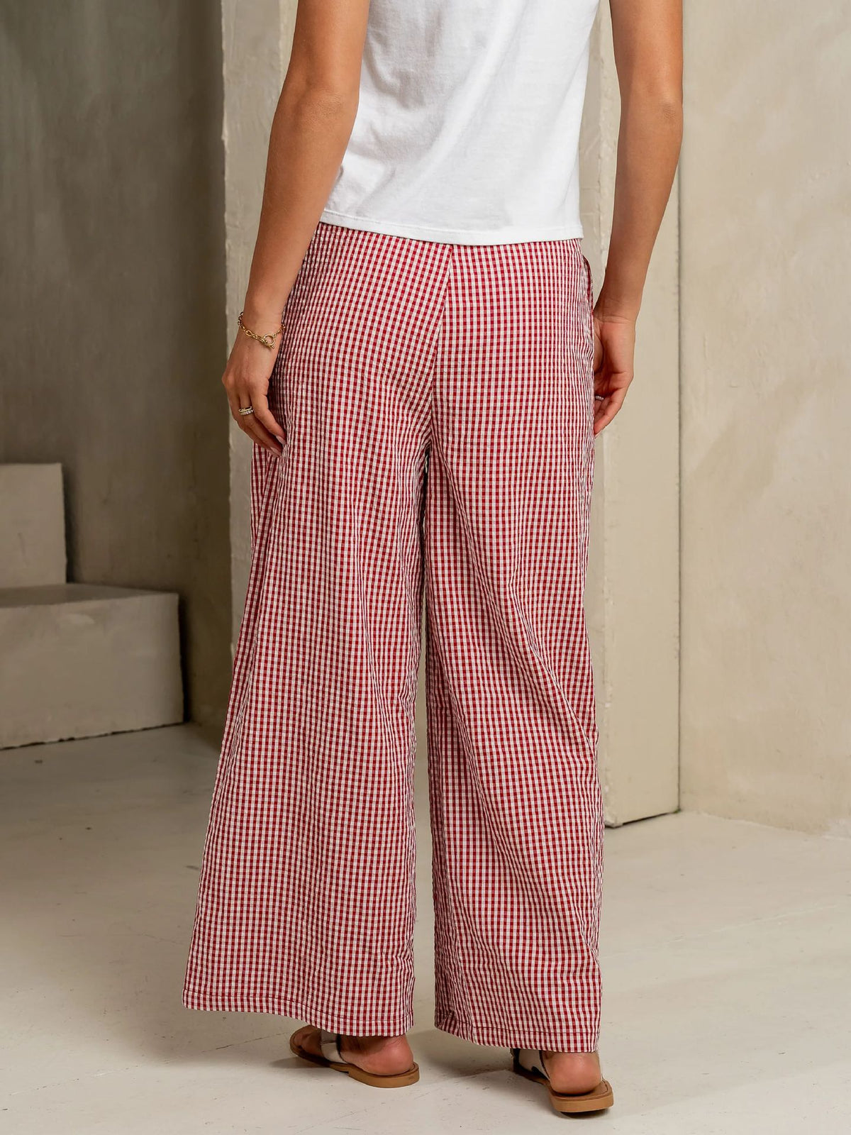 Gingham Check Drawstring Wide Leg Pants - Red - 1