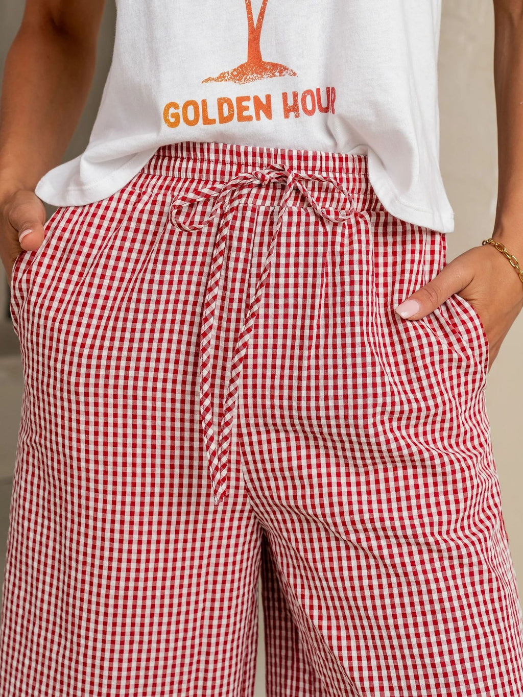 Gingham Check Drawstring Wide Leg Pants - Red - 3