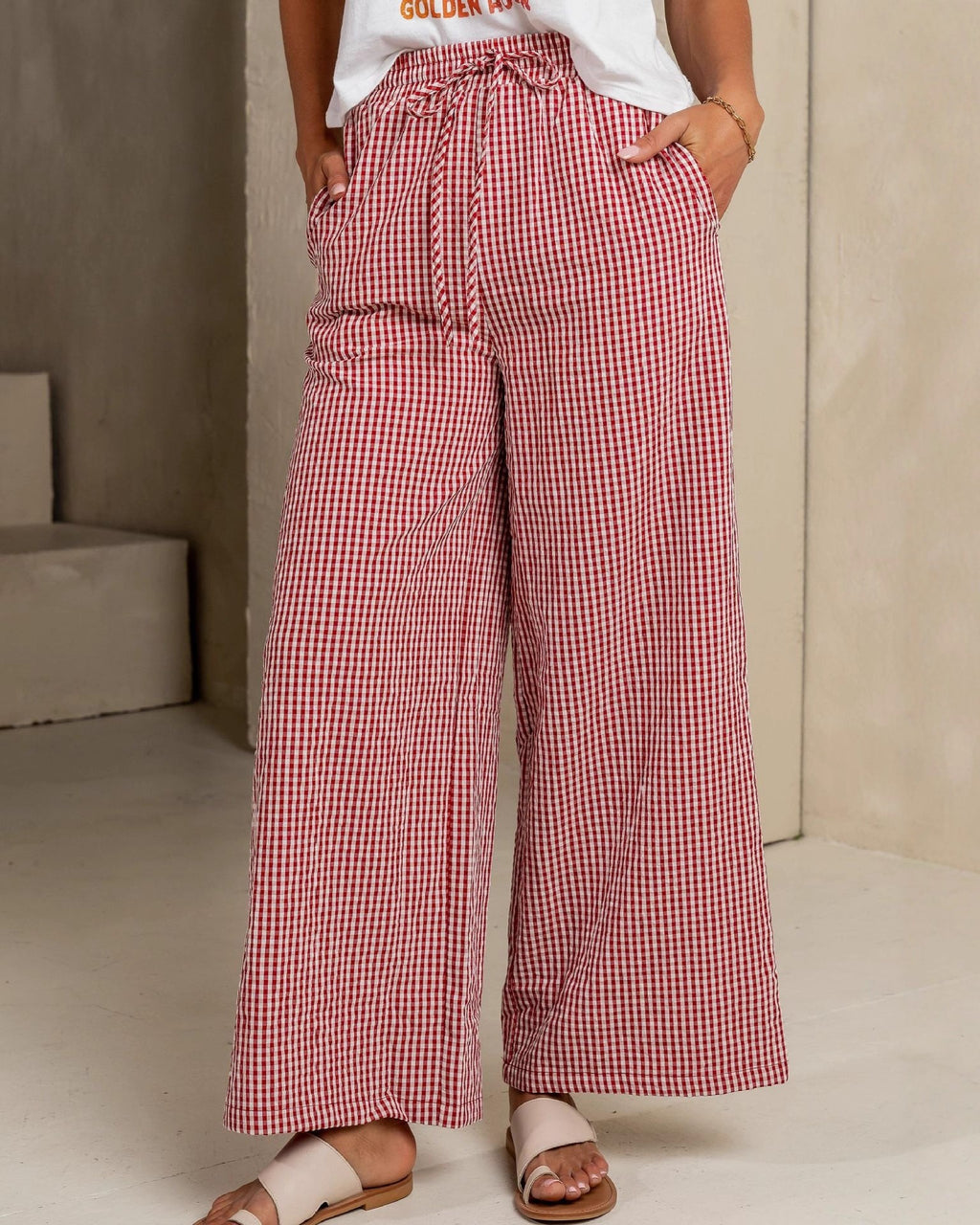 Gingham Check Drawstring Wide Leg Pants - Red - 4