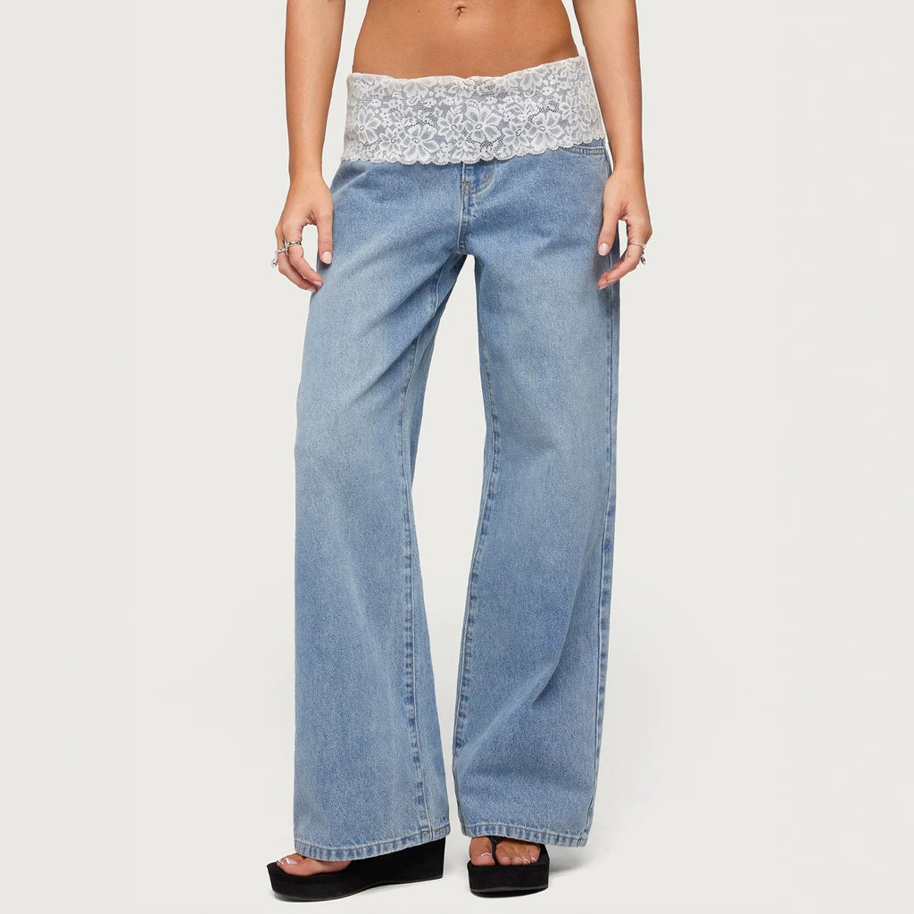 Lace Waistband Low Rise Baggy Jeans - Light_Blue