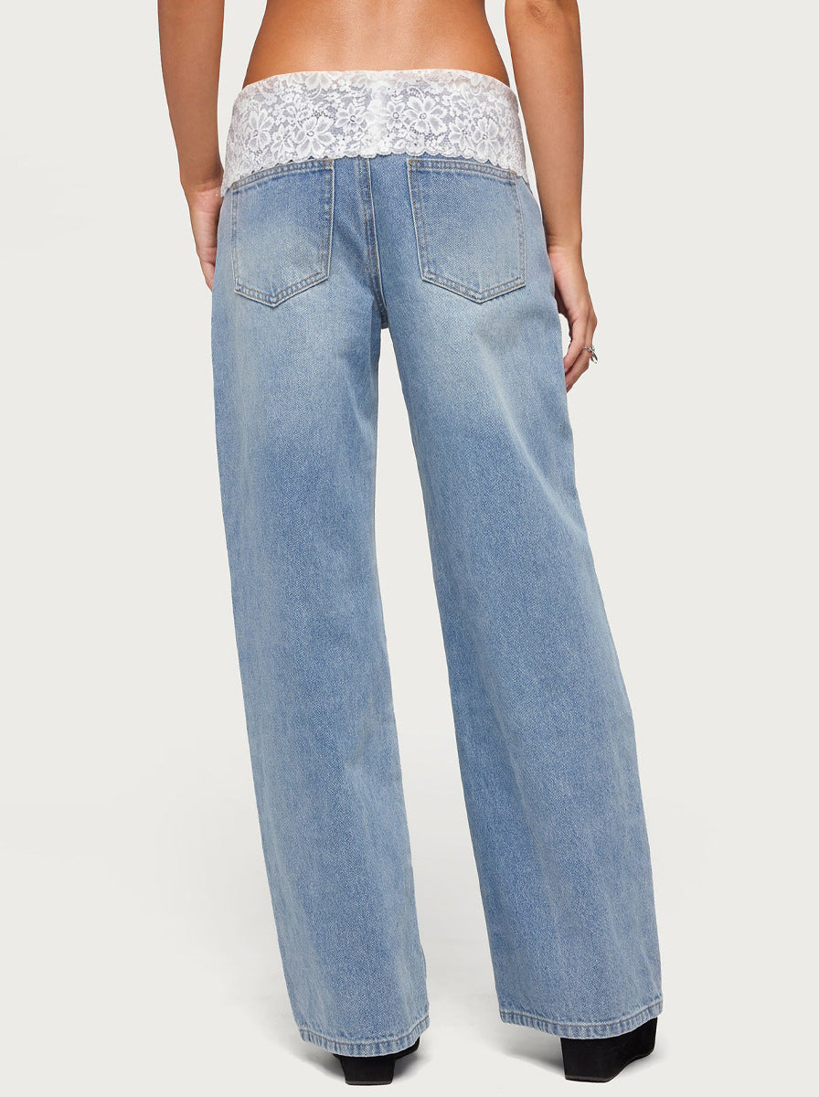 Lace Waistband Low Rise Baggy Jeans - Light_Blue - 2